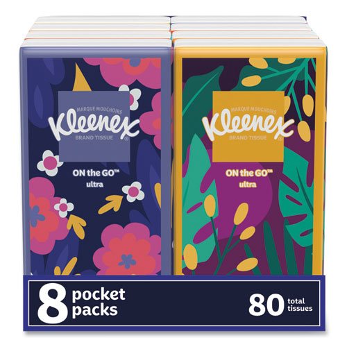 Kleenex 46651 On The Go Packs Facial Tissues, 3-Ply, White, 10 Sheets/pouch, 8 Pouches/pack