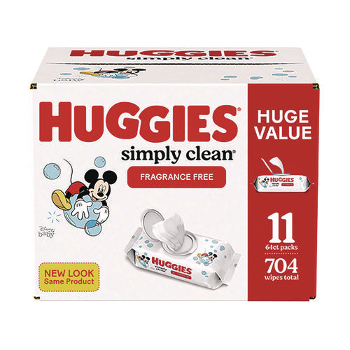 Huggies 53611 Simply Clean Fragrance Free Baby Wipes, 64/Pack, 11 Packs/Carton