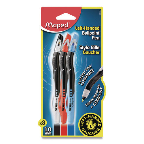 Maped Helix 224324 Visio Left-Handed Ballpoint Pen, Stick, Medium 1 mm, Assorted Ink and Barrel Colors, 3/Pack