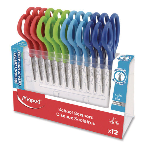 Maped Helix 480249 Essential Pointed School Scissors School Pack, Pointed Tip, 5.35" Long, 2" Cut Length, Straight Assorted Handle, 12/Pack