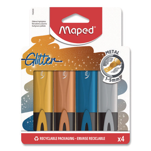 Maped Helix 742000 Fluo Peps Metallic Glitter Highlighter, Assorted Ink, Chisel Tip, Assorted Barrel, 4/Pack