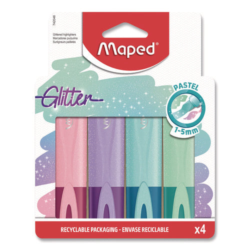 Maped Helix 742046 Fluo Peps Pastel Glitter Highlighter, Assorted Ink, Chisel Tip, Assorted Barrel, 4/Pack