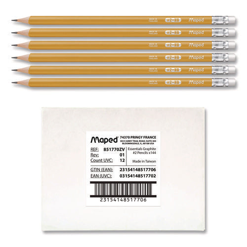 Maped Helix 851770ZT Essentials Triangular Pre-Sharpened Pencils, HB (#2), Black Lead, Yellow Barrel, 144/Box
