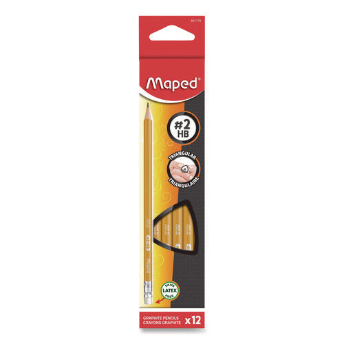 Maped Helix 851779ZT Essentials Triangular Pre-Sharpened Pencils, HB (#2), Black Lead, Yellow Barrel, 12/Box