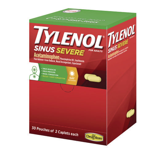 Tylenol 64578 Sinus Severe Acetaminophen Daytime Pain Reliever Caplet, 2 Caplets/Packet, 30 Packets/Box