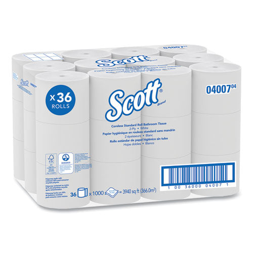 Scott 4007 Essential Coreless Srb Bathroom Tissue, Septic Safe, 2-Ply, White, 1,000 Sheets/Roll, 36 Rolls/Carton