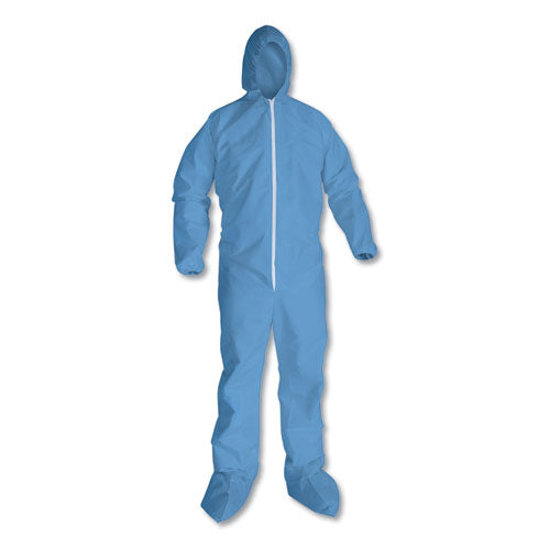 Kleenguard KCC 45357 A65 Zipper Front Hood and Boot Flame-Resistant Coveralls, Elastic Wrist and Ankles, 4X-Large, Blue, 21/Carton