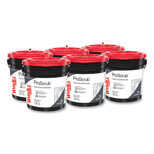 Wypall 91371CT Power Clean ProScrub Pre-Saturated Wipes, 9.5 x 12, Citrus Scent, Green, 75/Bucket, 6 Buckets/Carton