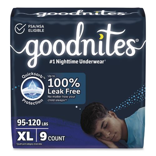 Goodnites 55592 Nighttime Bedwetting Underwear for Boys, X-Large, 95 lbs to 140+ lbs, White, 9/Pack, 4 Packs/Carton