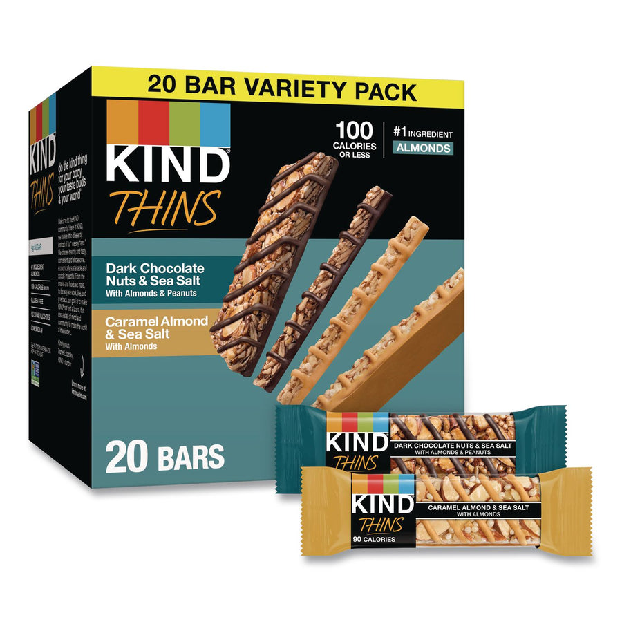 KIND 41888 Thins Dark Chocolate Nuts and Sea Salt/Caramel Almond and Sea Salt Variety Pack, 0.74 oz Bar, 20/Box