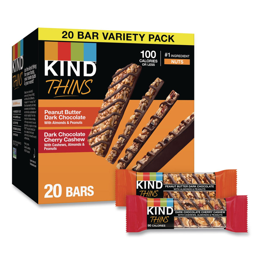KIND 41891 Thins Peanut Butter Dark Chocolate and Dark Chocolate Cherry Cashew Variety Pack, 0.74 oz Bar, 20/Box