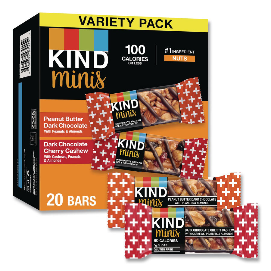 KIND 43012 Minis Peanut Butter Dark Chocolate and Dark Chocolate Cherry Cashew Variety Pack, 0.74 oz Bar, 20/Box