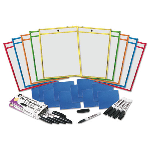 Charles Leonard 29130 Dry Erase Pocket Class Pack, 10.5 x 1.5, Assorted Primary Colors, 10/Pack