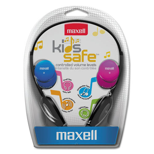 Maxell 190338 Kids Safe Headphones, 4 ft Cord, Black with Interchangeable Pink/Blue/Silver Caps