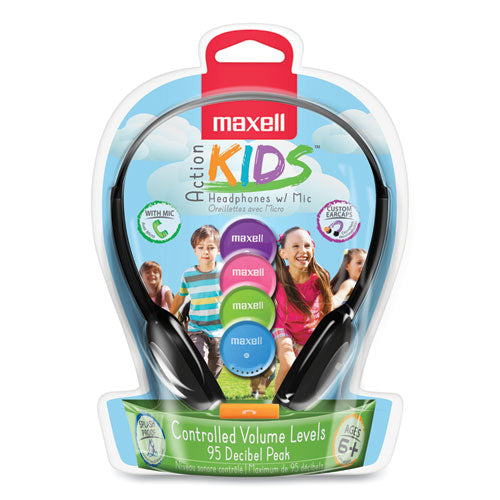 Maxell 195004 Kids Safe Headphones with Inline Microphone, 4 ft Cord, Black with Interchangeable Pink/Blue/Silver Caps