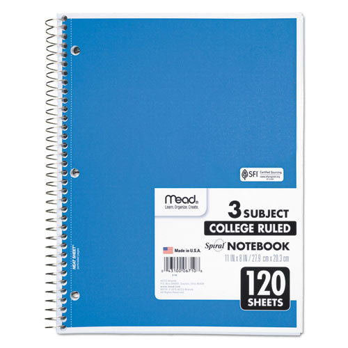 Mead 06710 Spiral Notebook, 3-Subject, Medium/College Rule, Randomly Assorted Cover Color, (120) 11 x 8 Sheets