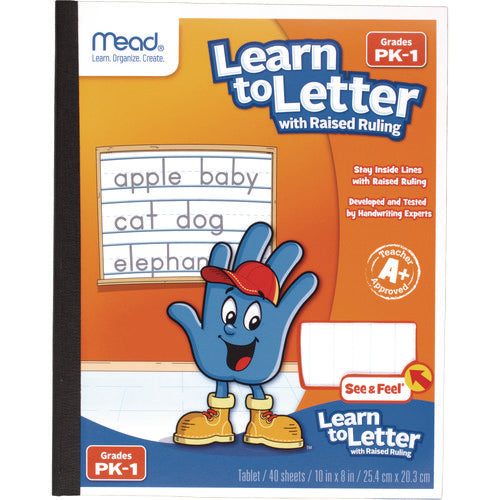 Mead 48122 Learn to Letter Writing Tablet with Raised Ruling, Primary Rule, Orange Cover, (40) 10 x 8 Sheets