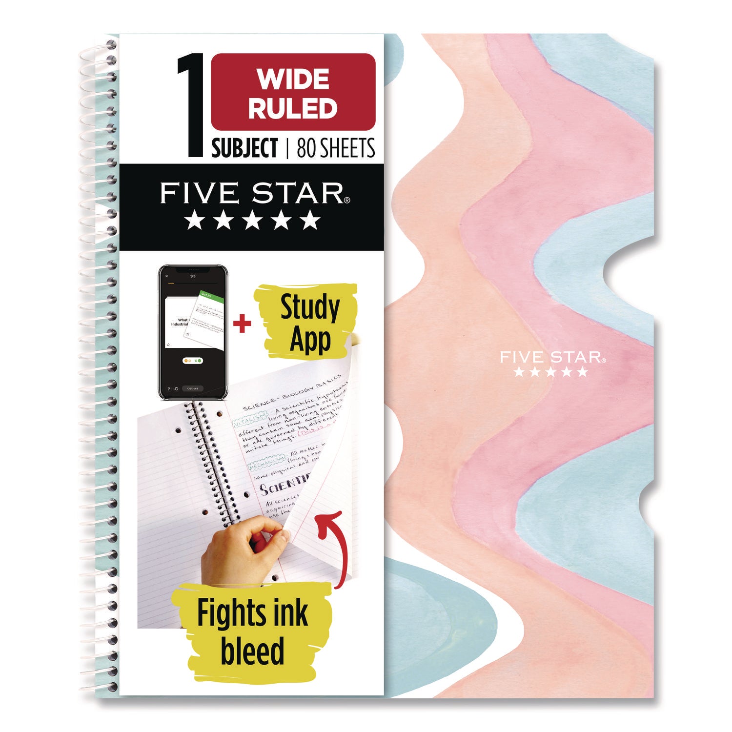 Five Star 930060F Brushy Moves Pastel Waves Design Notebook w/ Study App, 1-Subject, Wide/Legal Rule, Assorted Cover Color, (80)11 x 8.5 Sheets
