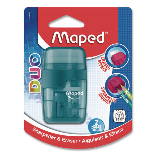 Maped Helix 049249 DUO 2-Hole Canister Pencil Sharpener/Eraser Combo, 3.74 x 1.08 x 4.92, Randomly Assorted Colors