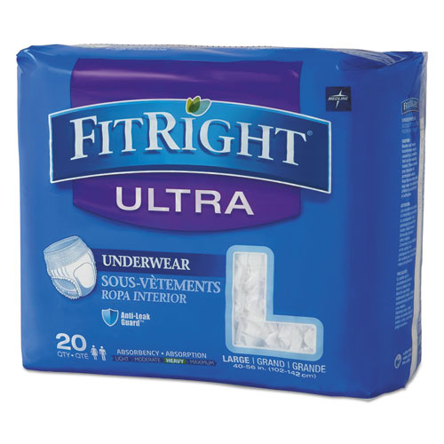 Medline FIT23505A Fitright Ultra Protective Underwear, Large, 40" To 56" Waist, 20/pack, 4 Pack/carton