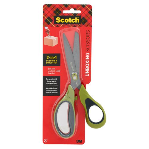 Scotch 7100290441 Non-Stick Unboxing Scissors, 8" Long, 2.7" Cut Length, Straight Green/Black Handle