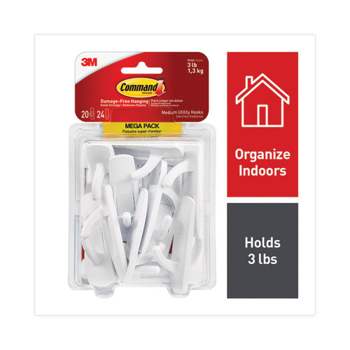 Command 17001-MPES General Purpose Hooks, Medium, Plastic, White, 3 lb Capacity, 20 Hooks and 24 Strips/Pack