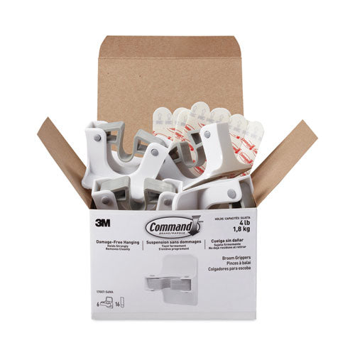 Command 17007-S6NA Broom Gripper, 3.12w x 1.85d x 3.34h, White/Gray, 6 Grippers/16 Strips/Pack