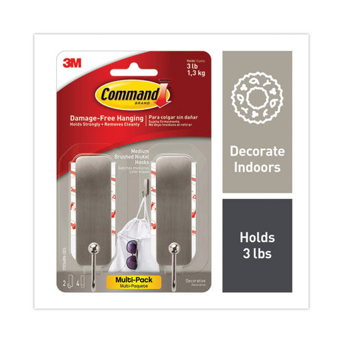 Command 17034BN2-ES Decorative Hooks, Medium, Metal, Brushed Nickel, 3 lb Capacity, 2 Hooks and 4 Strips/Pack