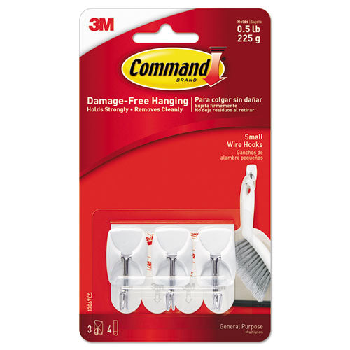 Command 17067ES General Purpose Wire Hooks, Small, Metal, White, 0.5 lb Capacity, 3 Hooks and 4 Strips/Pack