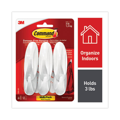 Command 170816ES Designer Hooks, Medium, Plastic, White, 3 lb Capacity, 6 Hooks and 12 Strips/Pack