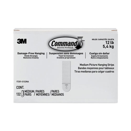 Command 17201-S132NA Picture Hanging Strips, Value Pack, Medium, Removable, Holds Up To 12 Lbs, 0.75 X 2.75, White, 132 Pairs/pack