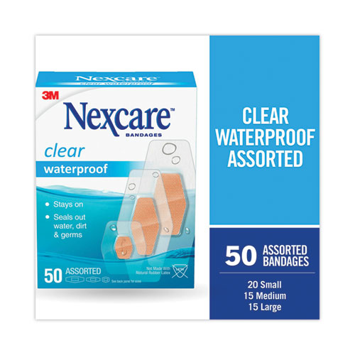 3M Nexcare 432-50-3 Waterproof, Clear Bandages, Assorted Sizes, 50/box