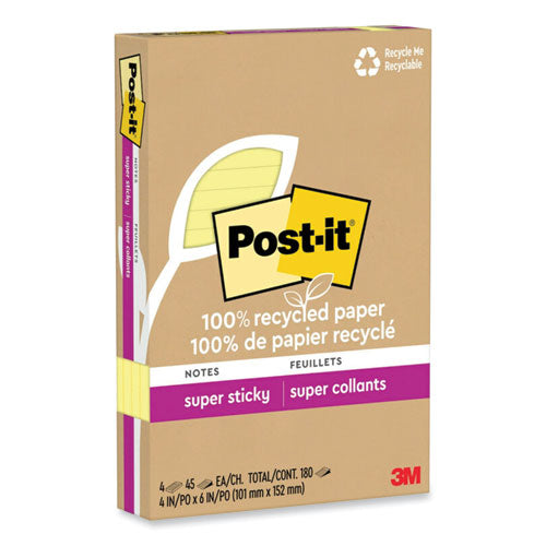 Post-IT Notes Super Sticky 70007079794 100% recycled paper super sticky notes, ruled, 4" x 6", canary yellow, 45 sheets/pad, 4 pads/pack