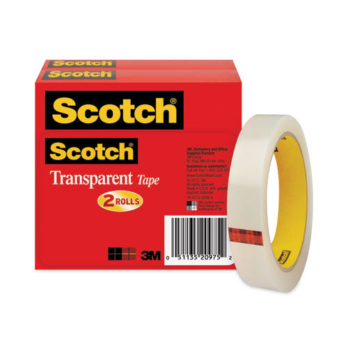 Scotch 600-2P34-72 Transparent Tape, 3" Core, 0.75" X 72 Yds, Transparent, 2/pack
