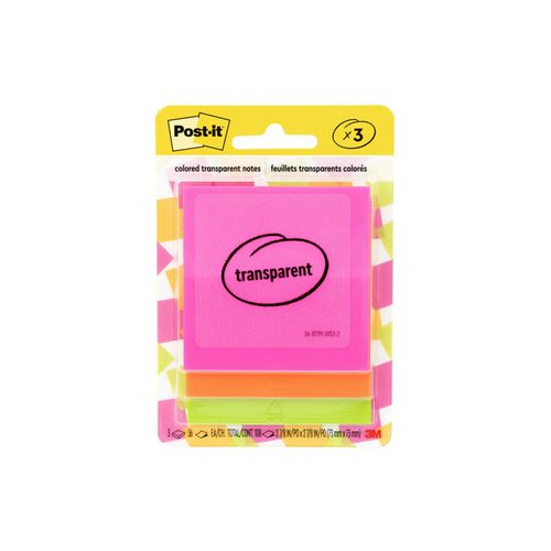 Post-IT 7100293033 Transparent Notes, Unruled, 2.88" x 2.88", Assorted Transparent Colors, 36 Sheets/Pad, 3 Pads/Pack