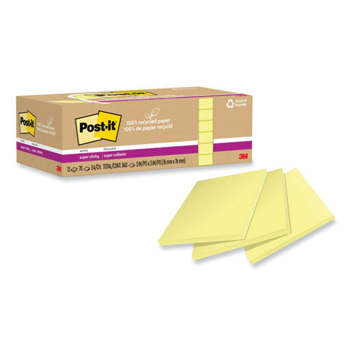 Post-IT Notes Super Sticky 70007079745 100% recycled paper super sticky notes, 3" x 3", canary yelow, 70 sheets/pad, 12 pads/pack