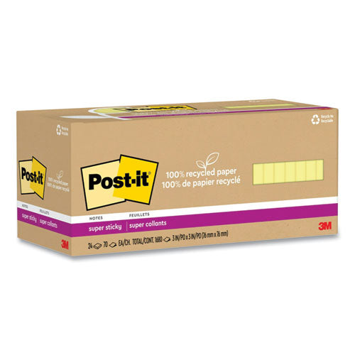 Post-IT Notes Super Sticky 70007079752 100% recycled paper super sticky notes, 3" x 3", canary yellow, 70 sheets/pad, 24 pads/pack