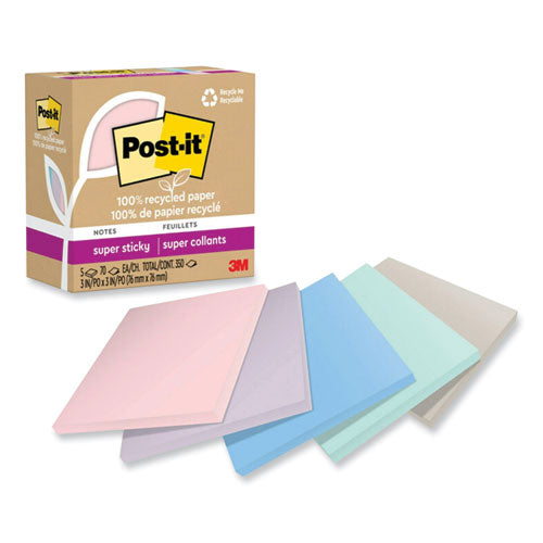 Post-IT Notes Super Sticky 70007079588 100% recycled paper super sticky notes, 3" x 3", wanderlust pastels, 70 sheets/pad, 5 pads/pack