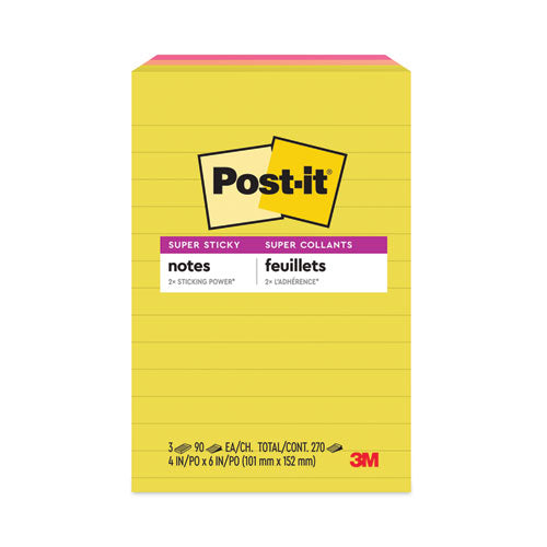 Post-IT Notes Super Sticky 7100269358 Note Pads in Summer Joy Collection Colors, 4" x 6", Note Ruled, Summer Joy Collection Colors, 90 Sheets/Pad, 3 Pads/Pack