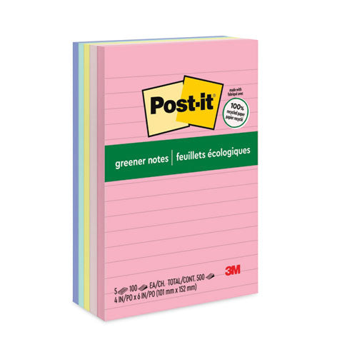 Post-IT Greener Notes 660-RP-A Original Recycled Note Pads, Note Ruled, 4" x 6", Sweet Sprinkles Collection Colors, 100 Sheets/Pad, 5 Pads/Pack