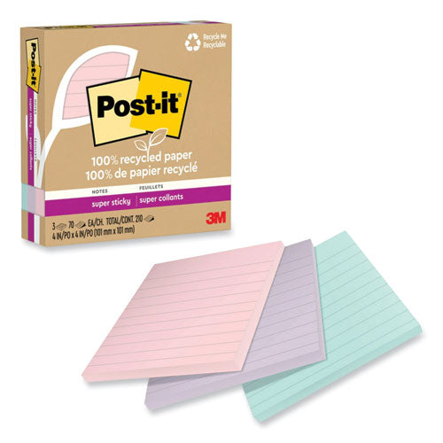 Post-IT Notes Super Sticky 70007079596 100% recycled paper super sticky notes, ruled, 4" x 4", wanderlust pastels, 70 sheets/pad, 3 pads/pack