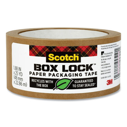 Scotch 7100282638 Box Lock Paper Packaging Tape, 3" Core, 1.88" x 25 yds, Brown