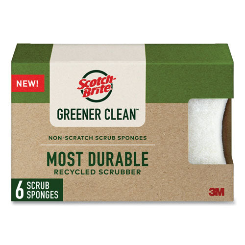 Scotch-Brite 7100290027 Greener Clean Non-Scratch Scrub Sponge, 2.6 x 3.3, 0.7" Thick, White, 6/Pack