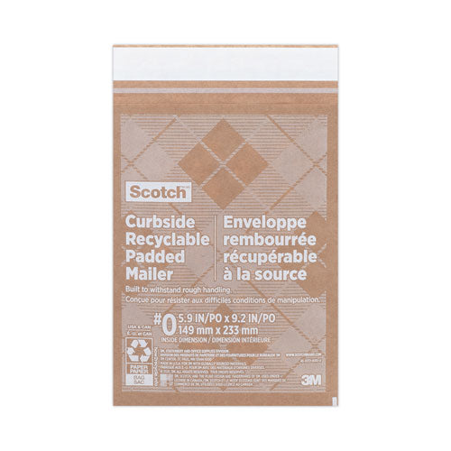 Scotch 7100258035 Curbside Recyclable Padded Mailer, #0, Bubble Cushion, Self-Adhesive Closure, 7 x 11.25, Natural Kraft, 100/Carton