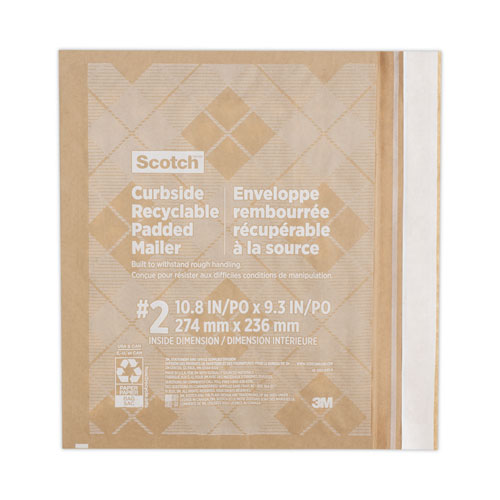 Scotch 7100258635 Curbside Recyclable Padded Mailer, #2, Bubble Cushion, Self-Adhesive Closure, 11.25 x 12, Natural Kraft, 100/Carton