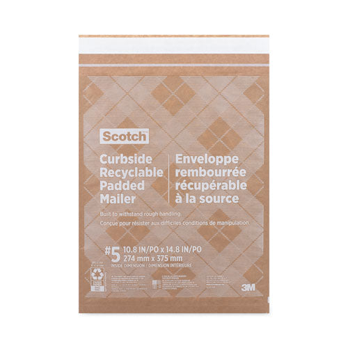 Scotch 7100256598 Curbside Recyclable Padded Mailer, #5, Bubble Cushion, Self-Adhesive Closure, 12 x 17.25, Natural Kraft, 100/Carton