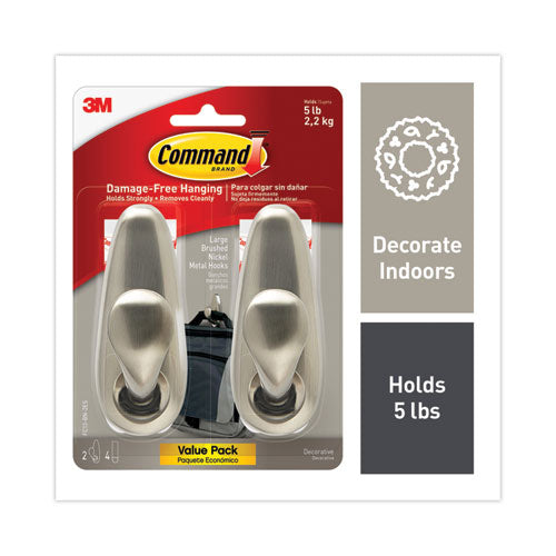 Command FC13BN-2ES Adhesive Mount Metal Hook, Large, Brushed Nickel Finish, 2 Hooks And 4 Strips/pack