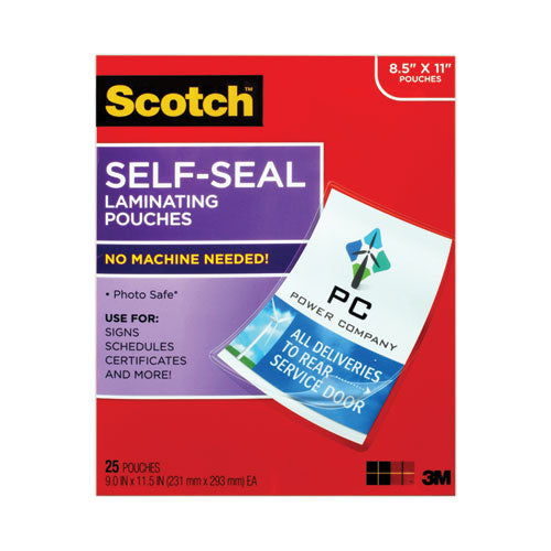 Scotch LS854-25G Self-Sealing Laminating Pouches, 9.5 Mil, 9" X 11.5", Gloss Clear, 25/pack