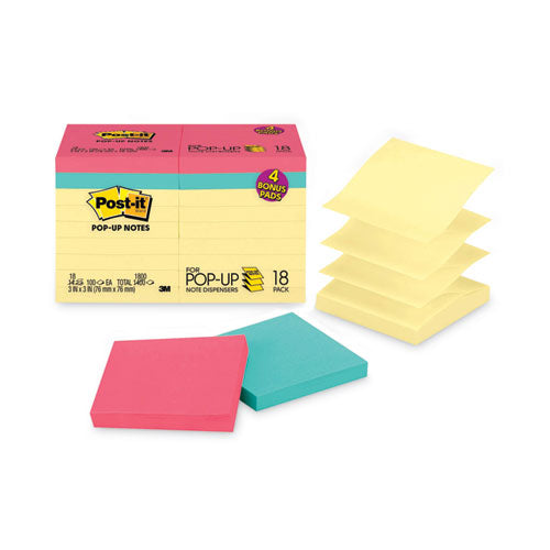 Post-IT Dispenser Notes R330-14-4B Original Pop-up Notes Value Pack, 3 x 3, (14) Canary Yellow, (4) Poptimistic Collection Colors, 100 Sheets/Pad, 18 Pads/Pack