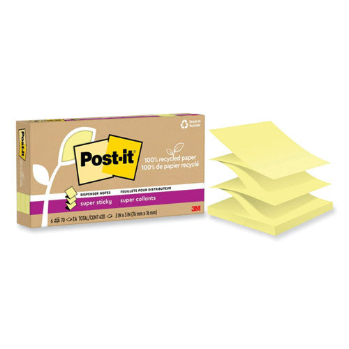 Post-IT Notes Super Sticky 70007079778 100% recycled paper super sticky notes, 3" x 3", canary yellow, 70 sheets/pad, 6 pads/pack